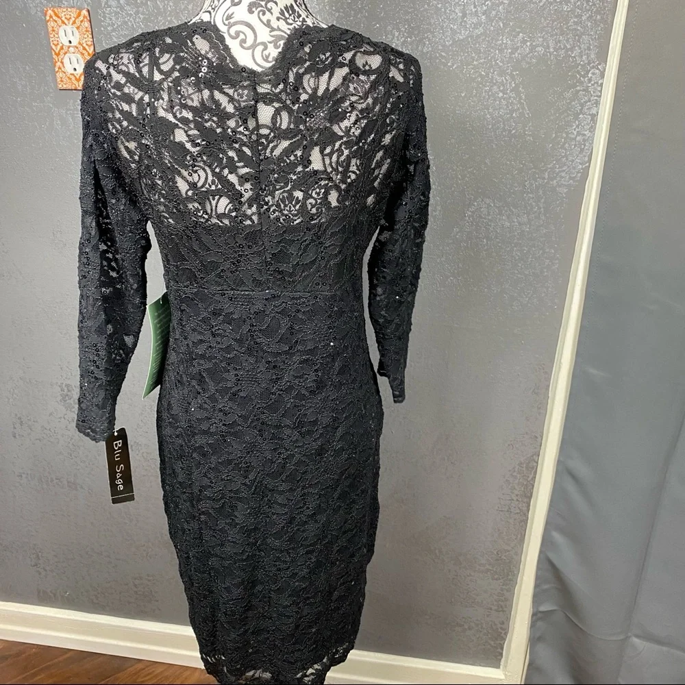 Blu Sage black lace sequin v-neck illusion knee length party formal dress - Picture 9 of 10